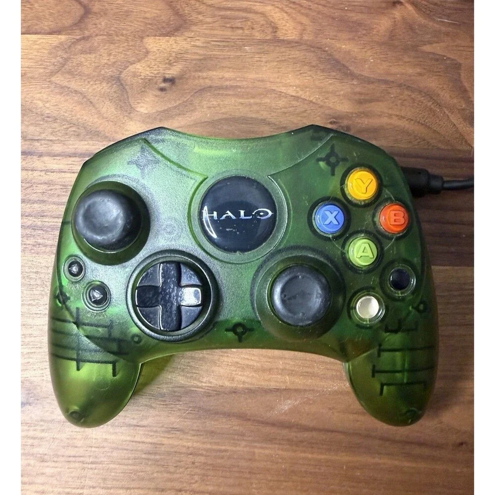 Original Xbox OEM S Type Clear Halo Green Controller With Breakaway Cable